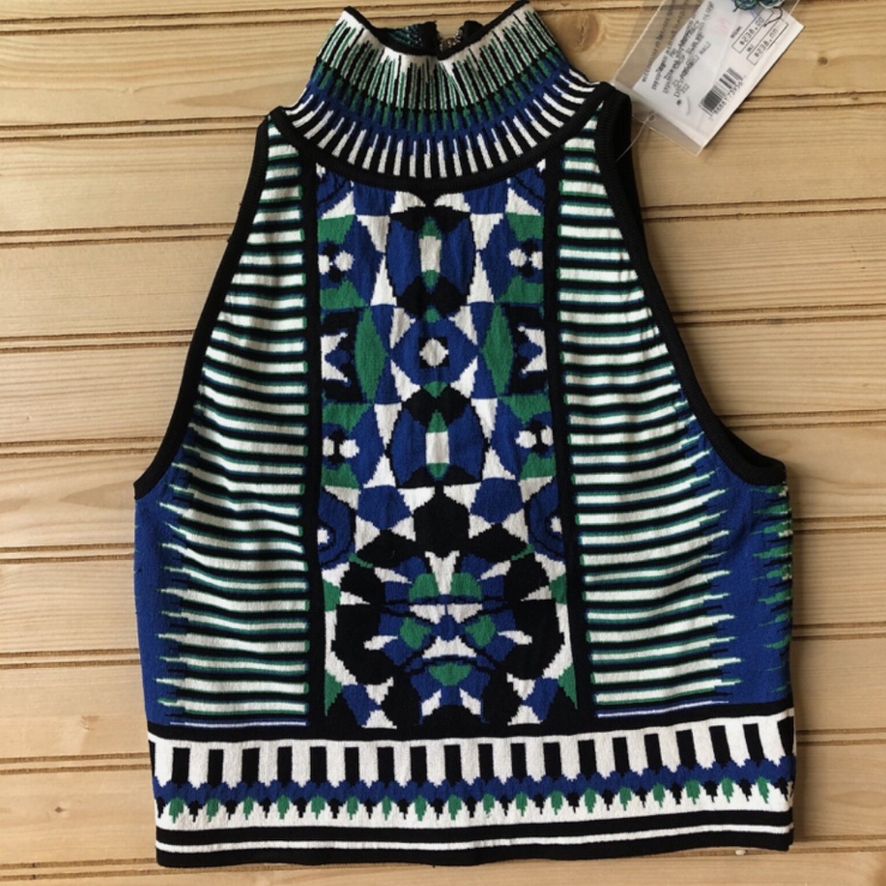 NWT Torn By Ronny Kobo Abstract Mali Crop Top Mock Neck Sleeveless Sweater
